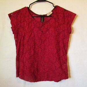 Short sleeve Bold Red Blouse made of Nylon Spandex Lace details